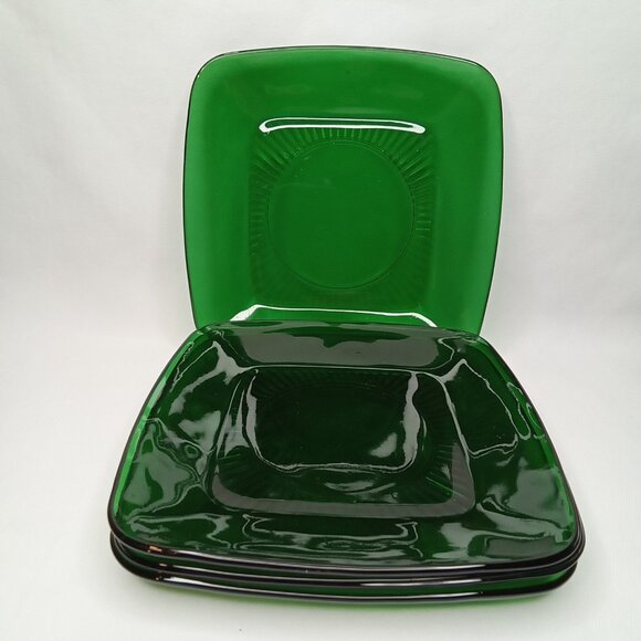 WWII Era Glass Luncheon Plate Set Of 4 Forest Green Charm Fire King 1940s - Picture 2 of 11